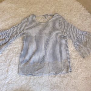 Blue and White Pinstripe Blouse with Bell Sleeves and Open back